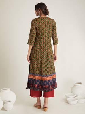 Olive green hand block printed cambric cotton suit 2