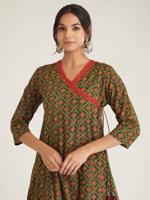 Olive green hand block printed cambric cotton suit 3