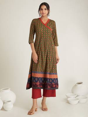 Olive green hand block printed cambric cotton suit 4