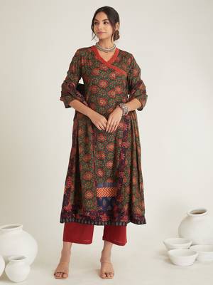 Green hand block printed cambric cotton suit 1
