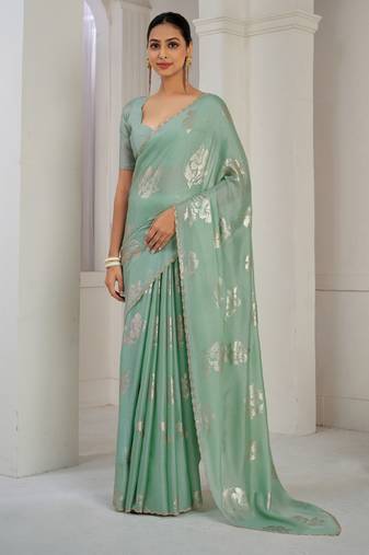 Green Sequin Zari Embroidered Chinon Silk Saree