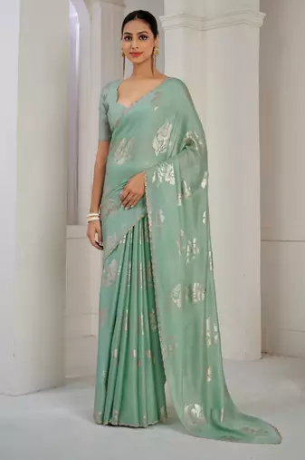 Green Sequin Zari Embroidered Chinon Silk Saree