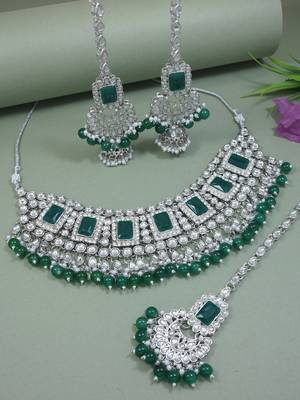 silver plated traditional kundan & pearl bridal choker necklace jewellery set  1