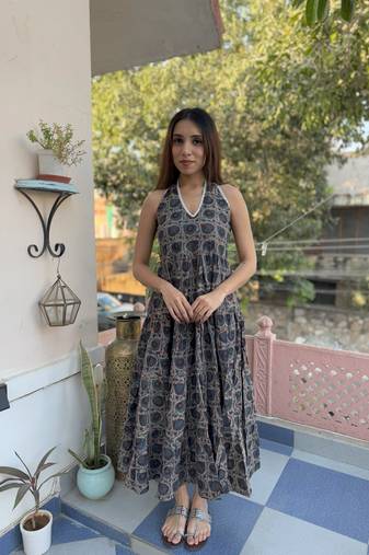 Indigo cotton block printed dress