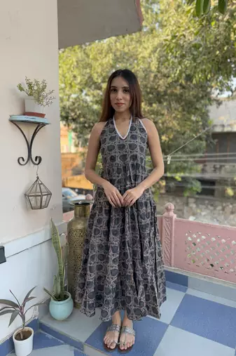 Indigo cotton block printed dress