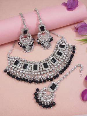 I jewels silver plated traditional kundan & pearl bridal choker necklace jewellery set  1