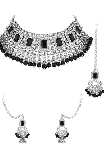 I jewels silver plated traditional kundan & pearl bridal choker necklace jewellery set 