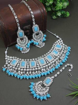 silver plated traditional kundan & pearl bridal choker necklace jewellery set  1