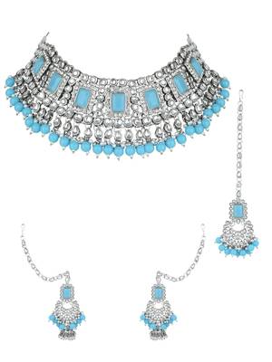 silver plated traditional kundan & pearl bridal choker necklace jewellery set  2