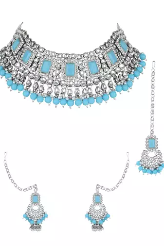 silver plated traditional kundan & pearl bridal choker necklace jewellery set 