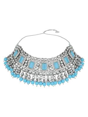 silver plated traditional kundan & pearl bridal choker necklace jewellery set  3