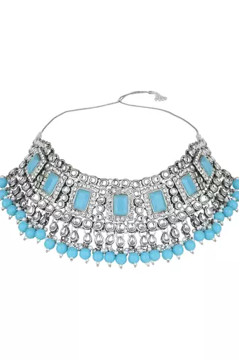 silver plated traditional kundan & pearl bridal choker necklace jewellery set 