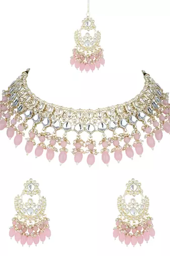 I jewels gold plated traditional kundan & pearl choker necklace jewellery set 
