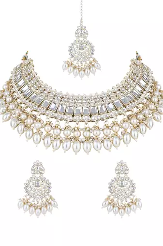 I jewels gold plated traditional kundan & pearl drop choker necklace jewellery set