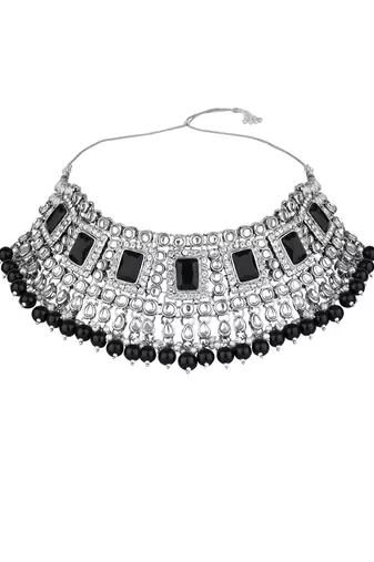 I jewels silver plated traditional kundan & pearl bridal choker necklace jewellery set 