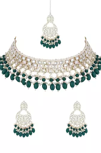 gold plated traditional kundan & pearl choker necklace jewellery set 