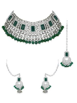 silver plated traditional kundan & pearl bridal choker necklace jewellery set  2