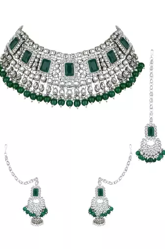 silver plated traditional kundan & pearl bridal choker necklace jewellery set 