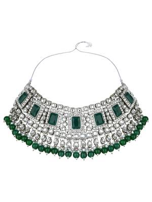 silver plated traditional kundan & pearl bridal choker necklace jewellery set  3