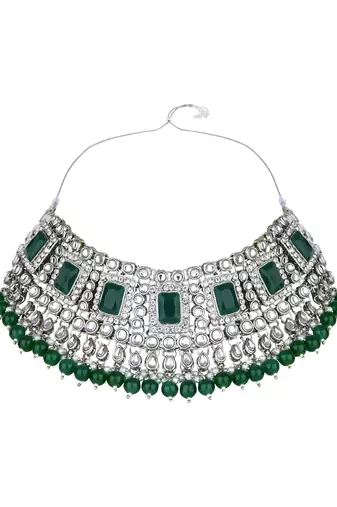 silver plated traditional kundan & pearl bridal choker necklace jewellery set 