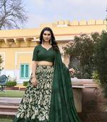 Green Tussar Silk Floral Print With Foil Print Fully Stitched Lehenga With Unstitched blouse dupatta