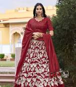 Maroon Tussar Silk Floral Print With Foil Print Fully Stitched Lehenga With Unstitched blouse dupatta