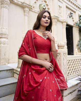 Red Chanderi Plain With Zari Weaving Work Border Fully Stitched Lehenga Blouse With Dupatta 2