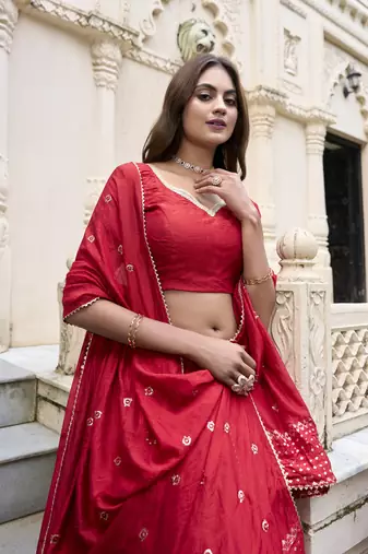 Red Chanderi Plain With Zari Weaving Work Border Fully Stitched Lehenga Blouse With Dupatta