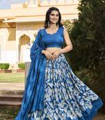Blue Tussar Silk Floral Print With Foil Print Fully Stitched Lehenga With Unstitched blouse dupatta