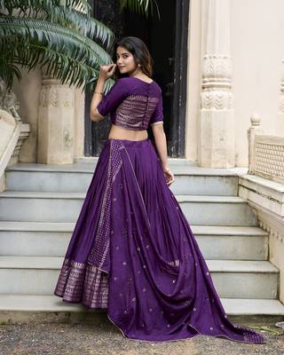 Purple Chanderi Plain With Zari Weaving Work Border Fully Stitched Lehenga Blouse With Dupatta 2