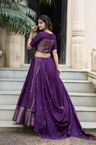 Purple Chanderi Plain With Zari Weaving Work Border Fully Stitched Lehenga Blouse With Dupatta