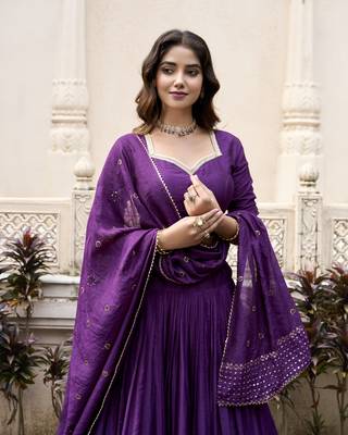 Purple Chanderi Plain With Zari Weaving Work Border Fully Stitched Lehenga Blouse With Dupatta 3