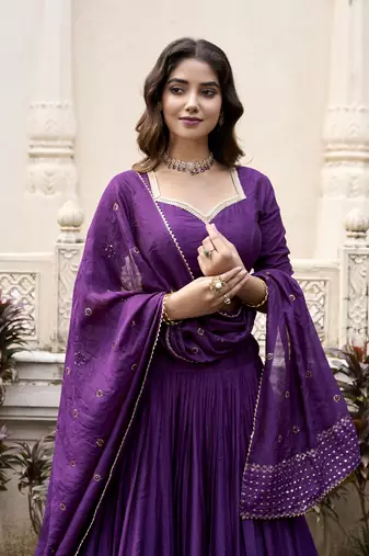 Purple Chanderi Plain With Zari Weaving Work Border Fully Stitched Lehenga Blouse With Dupatta