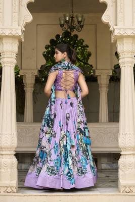 Lavender Tussar Silk Floral Print With Lace Touch Up Fully Stitcheed Lehenga Blouse With Dupatta 2