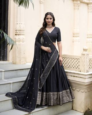 Black Chanderi Plain With Zari Weaving Work Border Fully Stitched LehengaUnstitched Blouse With Dupatta 1