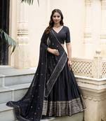 Black Chanderi Plain With Zari Weaving Work Border Fully Stitched LehengaUnstitched Blouse With Dupatta