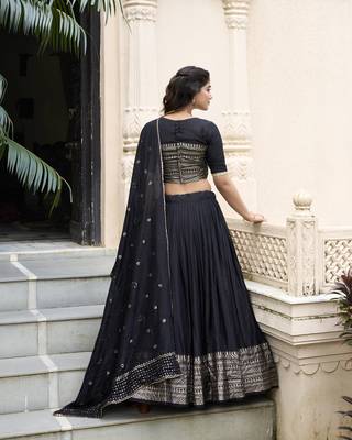 Black Chanderi Plain With Zari Weaving Work Border Fully Stitched LehengaUnstitched Blouse With Dupatta 2