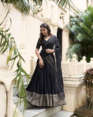 Black Chanderi Plain With Zari Weaving Work Border Fully Stitched LehengaUnstitched Blouse With Dupatta 3