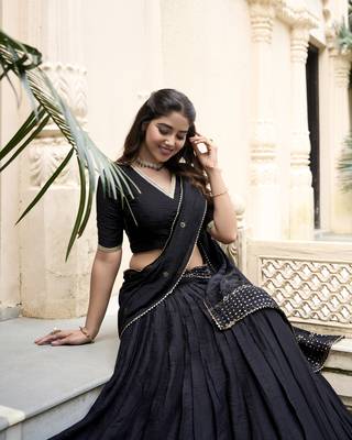 Black Chanderi Plain With Zari Weaving Work Border Fully Stitched LehengaUnstitched Blouse With Dupatta 4