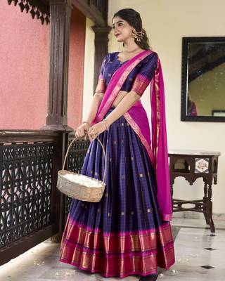 Navyblue Cotton Silk Zari Weaving Paithani South Style Fully Stitched Lehenga,Unstitched Blouse With Dupatta 1