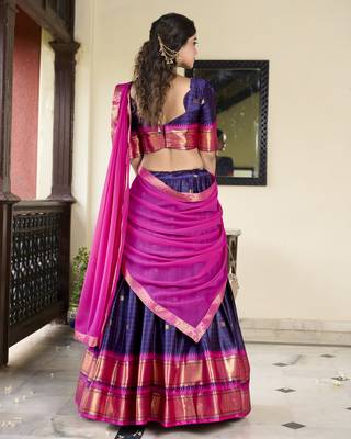 Navyblue Cotton Silk Zari Weaving Paithani South Style Fully Stitched Lehenga,Unstitched Blouse With Dupatta 2