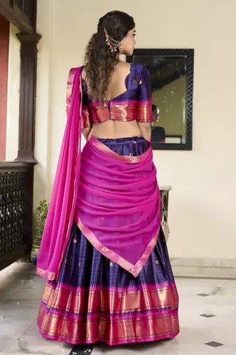 Navyblue Cotton Silk Zari Weaving Paithani South Style Fully Stitched Lehenga,Unstitched Blouse With Dupatta