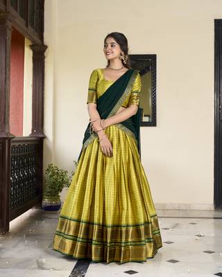 Parrot Cotton Silk Zari Weaving Paithani South Style Fully Stitched Lehenga,Unstitched Blouse With Dupatta 1