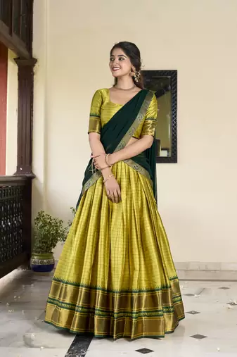 Parrot Cotton Silk Zari Weaving Paithani South Style Fully Stitched Lehenga,Unstitched Blouse With Dupatta