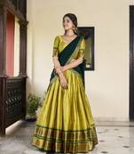 Parrot Cotton Silk Zari Weaving Paithani South Style Fully Stitched Lehenga,Unstitched Blouse With Dupatta