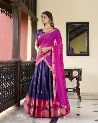 Navyblue Cotton Silk Zari Weaving Paithani South Style Fully Stitched Lehenga,Unstitched Blouse With Dupatta 3