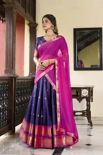 Navyblue Cotton Silk Zari Weaving Paithani South Style Fully Stitched Lehenga,Unstitched Blouse With Dupatta