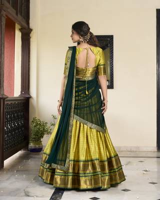 Parrot Cotton Silk Zari Weaving Paithani South Style Fully Stitched Lehenga,Unstitched Blouse With Dupatta 2