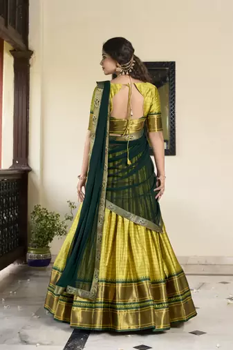 Parrot Cotton Silk Zari Weaving Paithani South Style Fully Stitched Lehenga,Unstitched Blouse With Dupatta