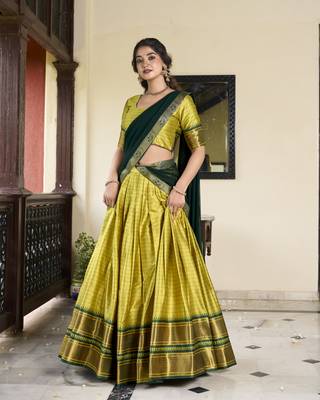 Parrot Cotton Silk Zari Weaving Paithani South Style Fully Stitched Lehenga,Unstitched Blouse With Dupatta 3